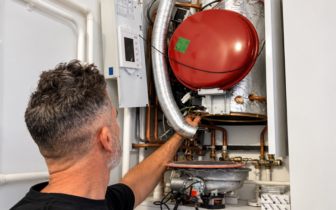Technicien Atout Gaz réalisant l’entretien d’une chaudière ouverte.